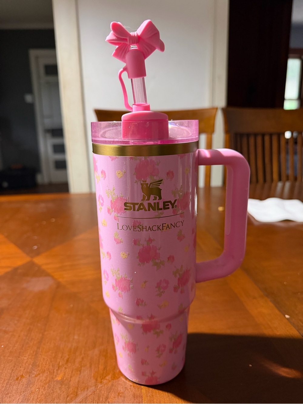 Stanley Pink Floral Travel Tumbler with Handle and Straw